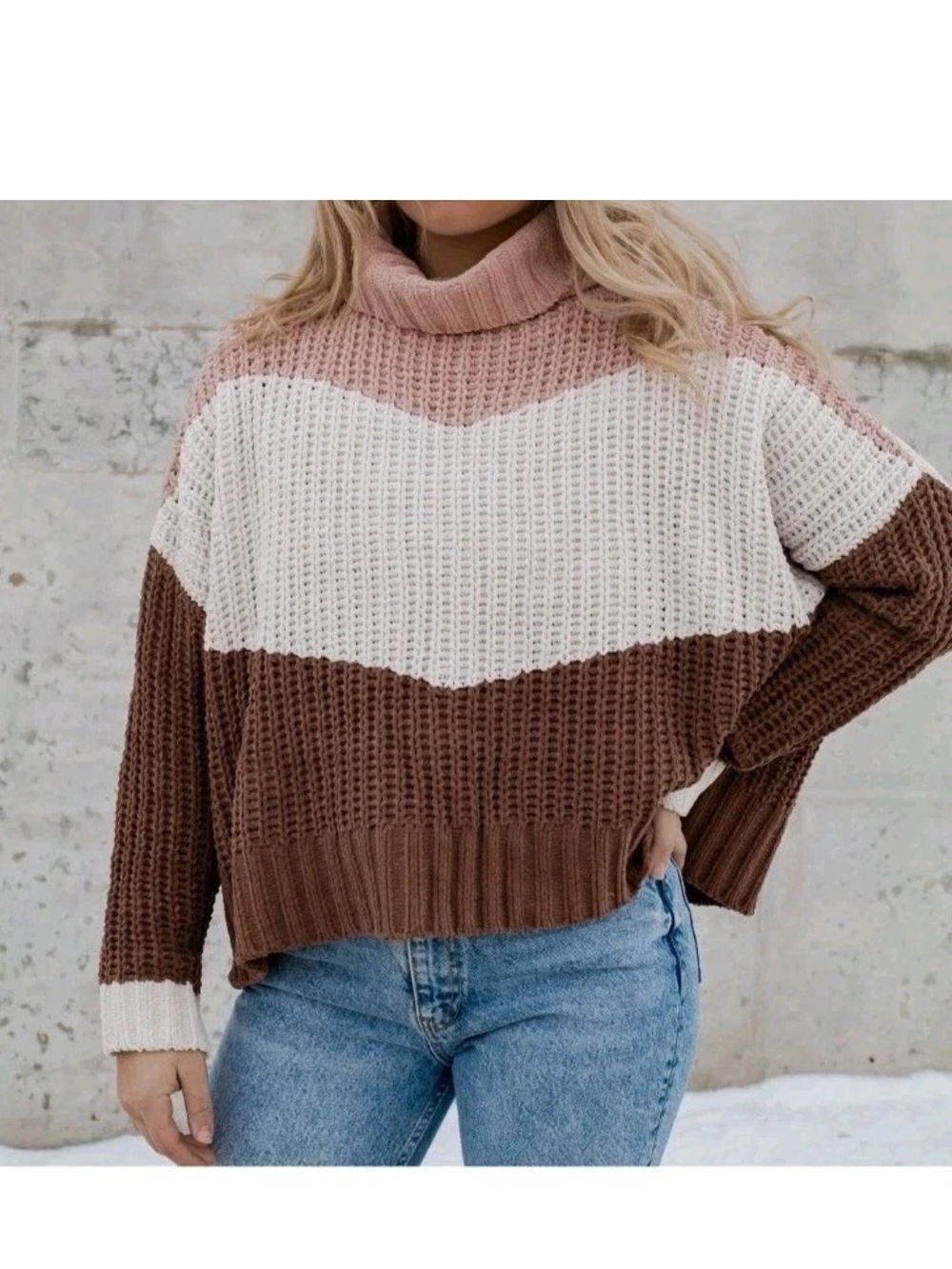 POL Canyon Rose Chenille Sweater L Colorblock Oversized Turtleneck Cozy Winter - Picture 2 of 14